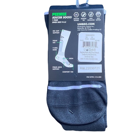 Umbro Peewee Soccer Socks Black with White Shoe Size 9-2.5 - Picture 2 of 2